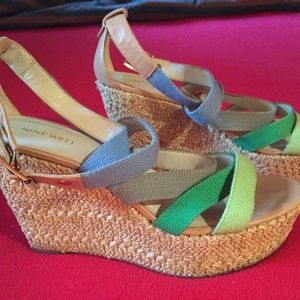 Nine West Wedge Sandals - Multi Green Colors - 10M